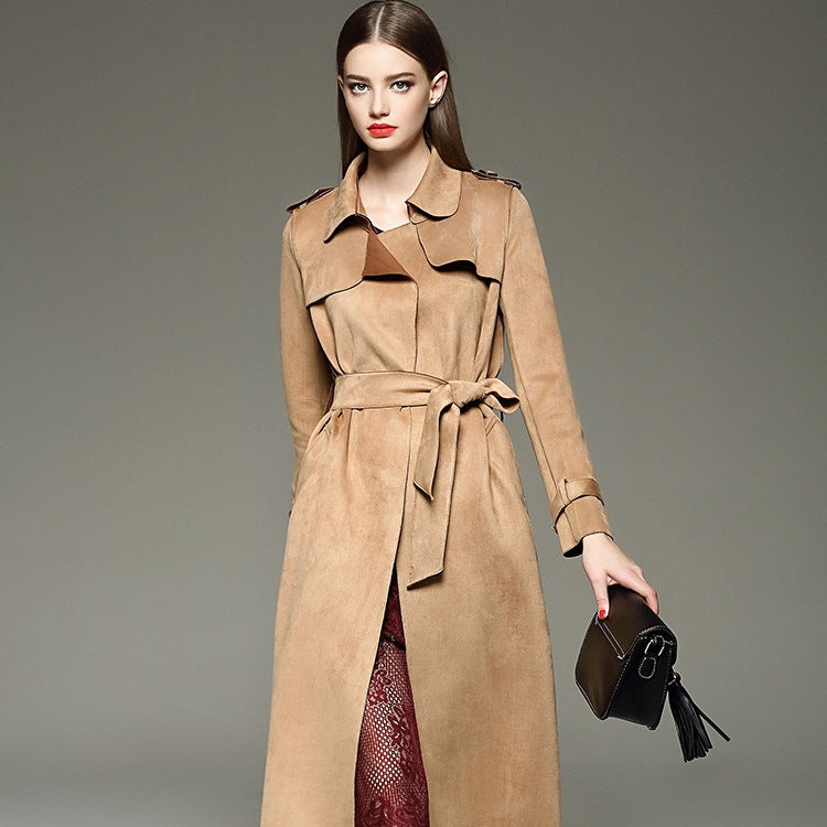 Ladies' Long Slim Suede Windbreaker for Autumn/Winter