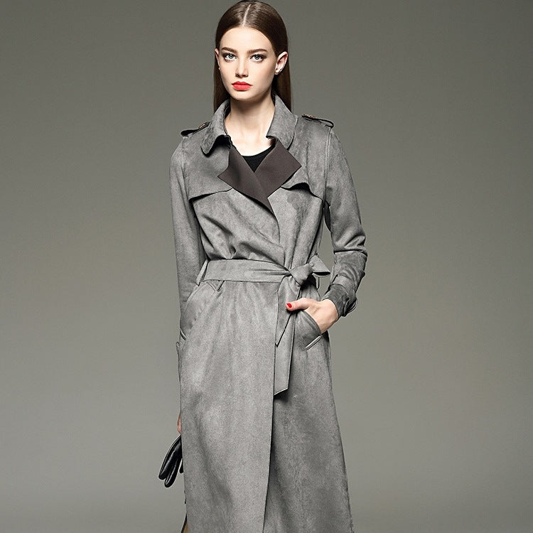 Ladies' Long Slim Suede Windbreaker for Autumn/Winter