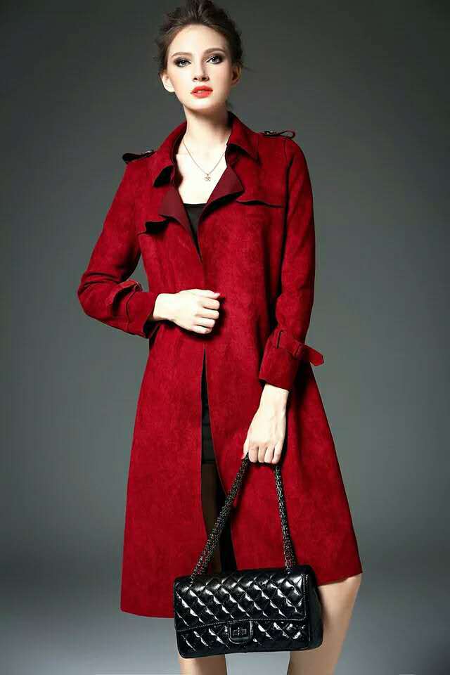 Ladies' Long Slim Suede Windbreaker for Autumn/Winter